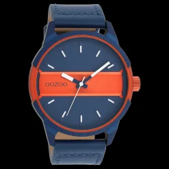 Blauw/fluo oranje OOZOO horloge met blauwe leren band - C11232