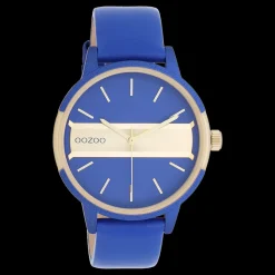 Blauw/goudkleurige OOZOO horloge met blauwe leren band - C11154