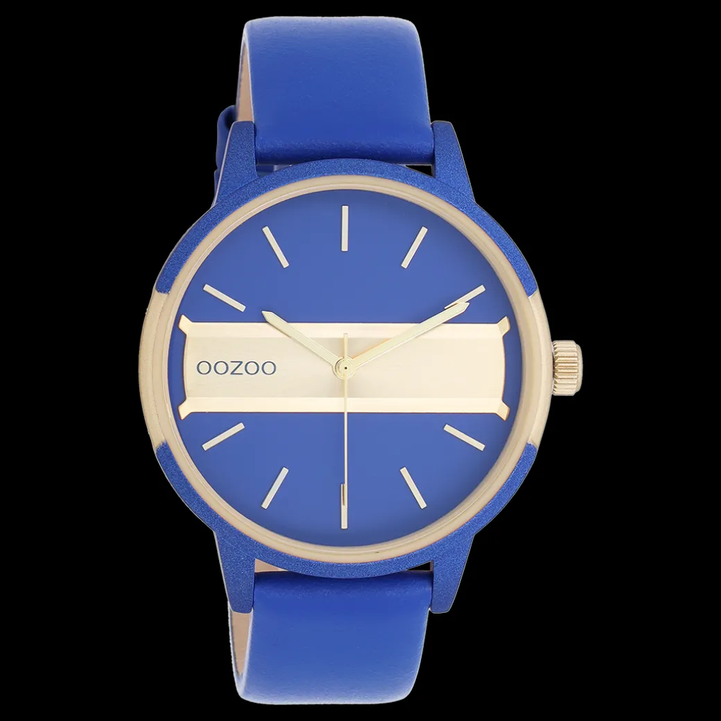 Blauw/goudkleurige OOZOO horloge met blauwe leren band - C11154
