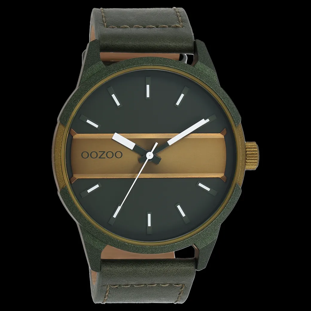 Bos/olijf groene OOZOO horloge met bos groene leren band - C11233