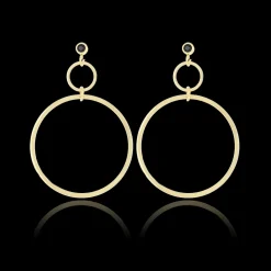 Goudkleurige oorbellen met twee ringen en een zwarte strass