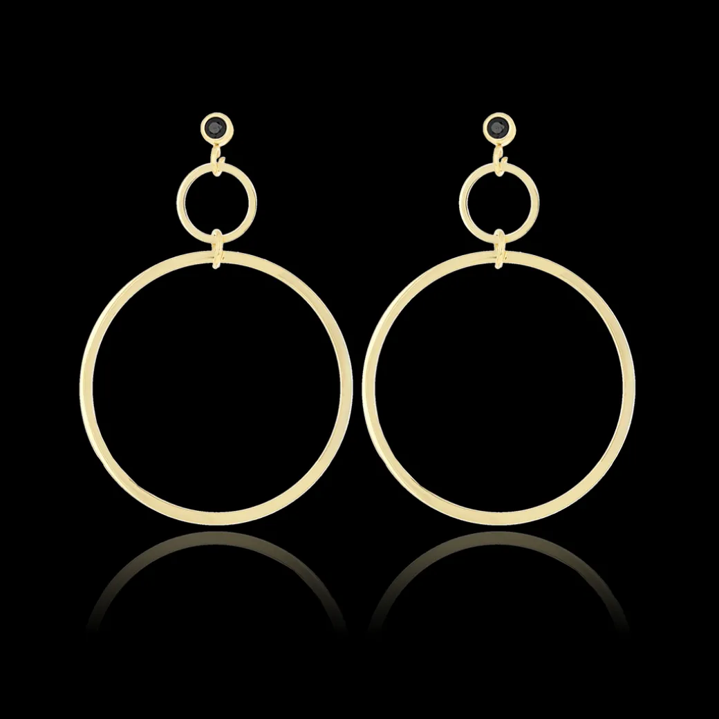 Goudkleurige oorbellen met twee ringen en een zwarte strass