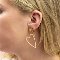 Goudkleurige oorbellen met twee harten en een zwarte strass