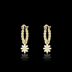 Goudkleurige oorringen met witte bloem bedeltje