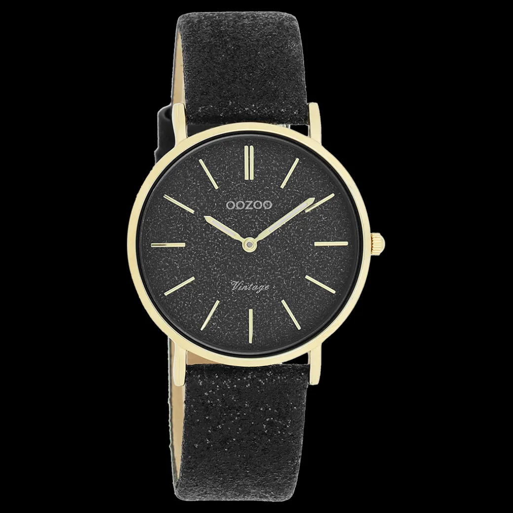Goudkleurige OOZOO horloge met zwarte leren band - C20204