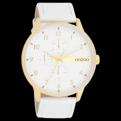 Goudkleurige OOZOO horloge met witte leren band - C11305