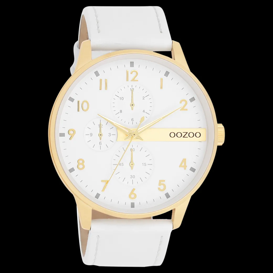 Goudkleurige OOZOO horloge met witte leren band - C11305
