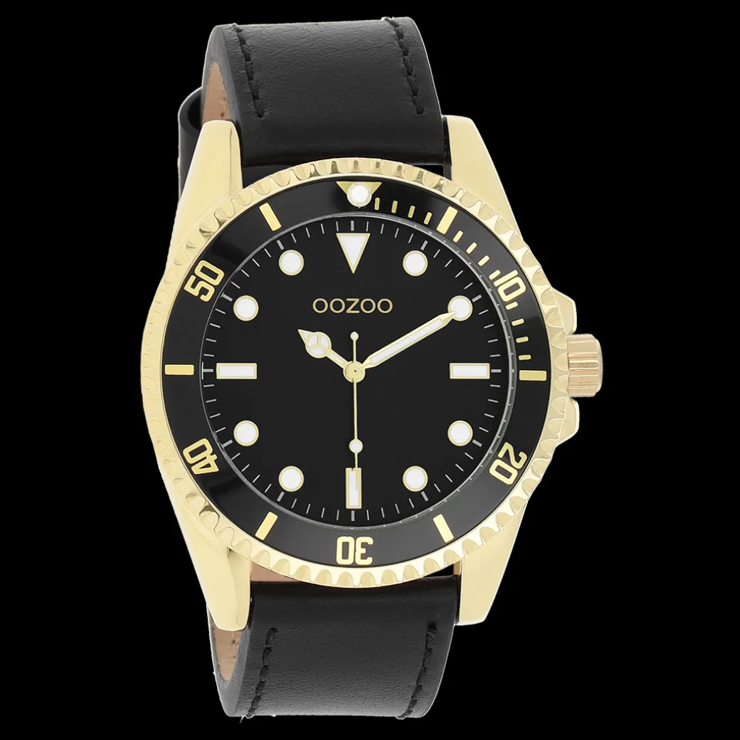 Goudkleurige OOZOO horloge met zwarte leren band - C11115