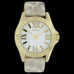 Goudkleurige OOZOO horloge met zilverkleurig/witte leren band - C9781