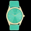 Goudkleurige OOZOO horloge met aqua groene leren band - C11339