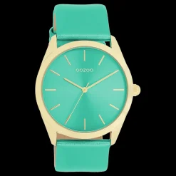 Goudkleurige OOZOO horloge met aqua groene leren band - C11339