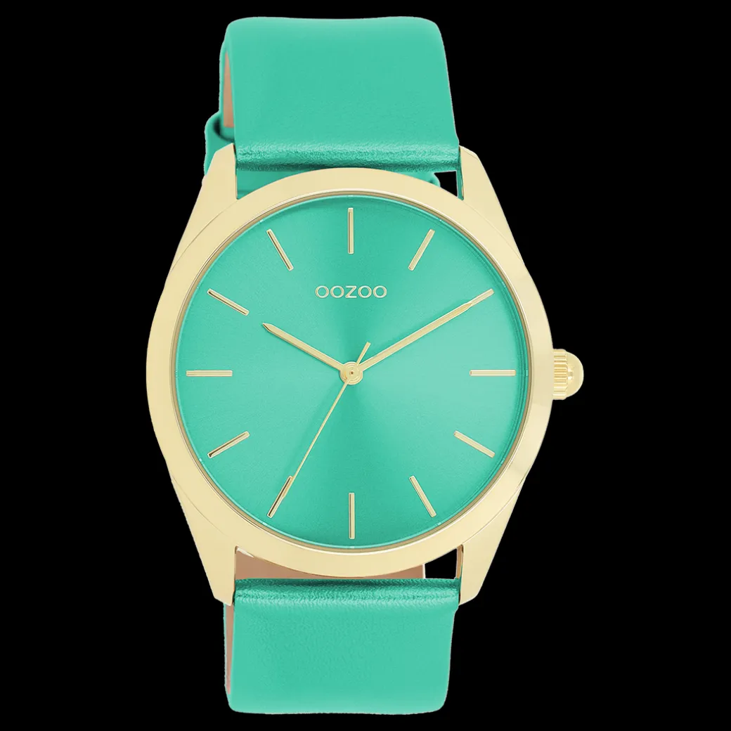 Goudkleurige OOZOO horloge met aqua groene leren band - C11339