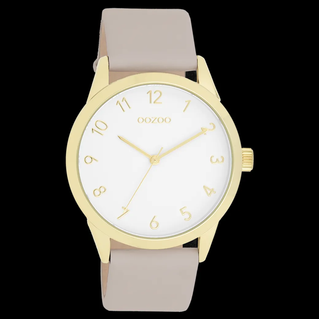 Goudkleurige OOZOO horloge met taupe leren band - C11327
