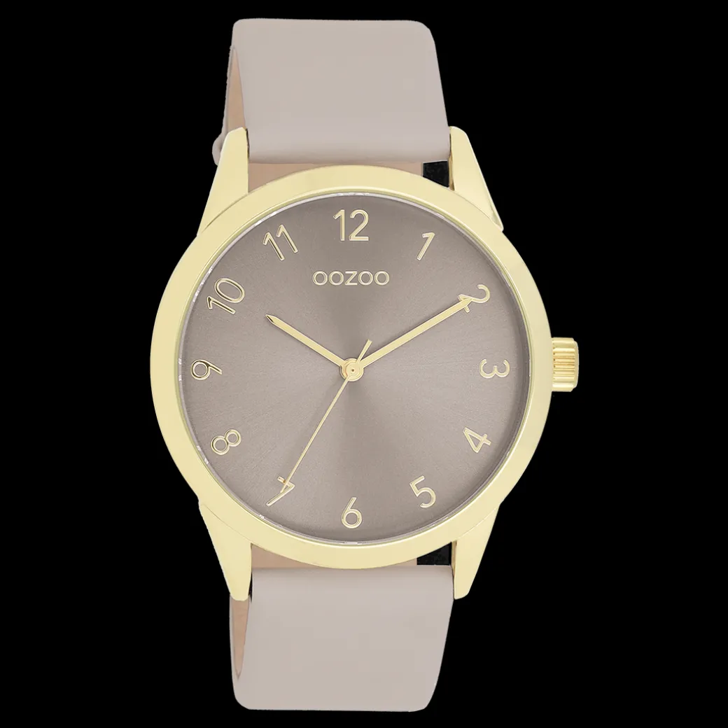 Goudkleurige OOZOO horloge met taupe leren band - C11328