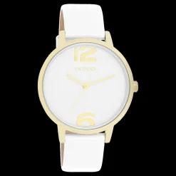 Goudkleurige OOZOO horloge met witte leren band - C11340