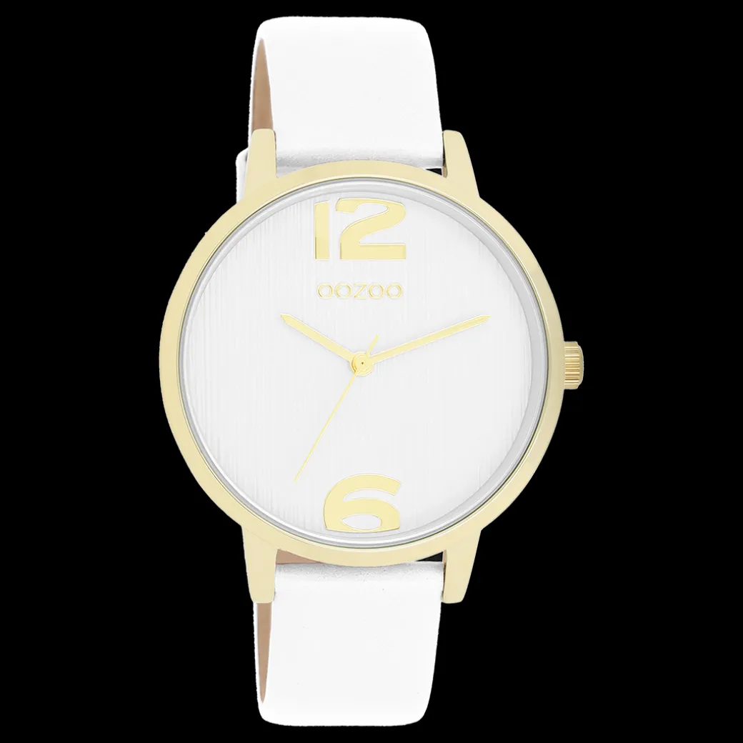 Goudkleurige OOZOO horloge met witte leren band - C11340