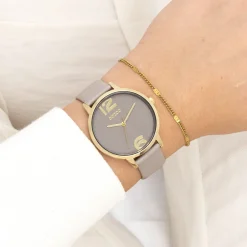 Goudkleurige OOZOO horloge met taupe leren band - C11342