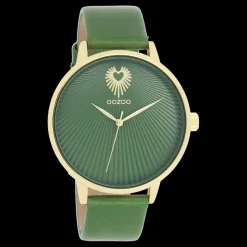 Goudkleurige OOZOO horloge met groene leren band - C11344