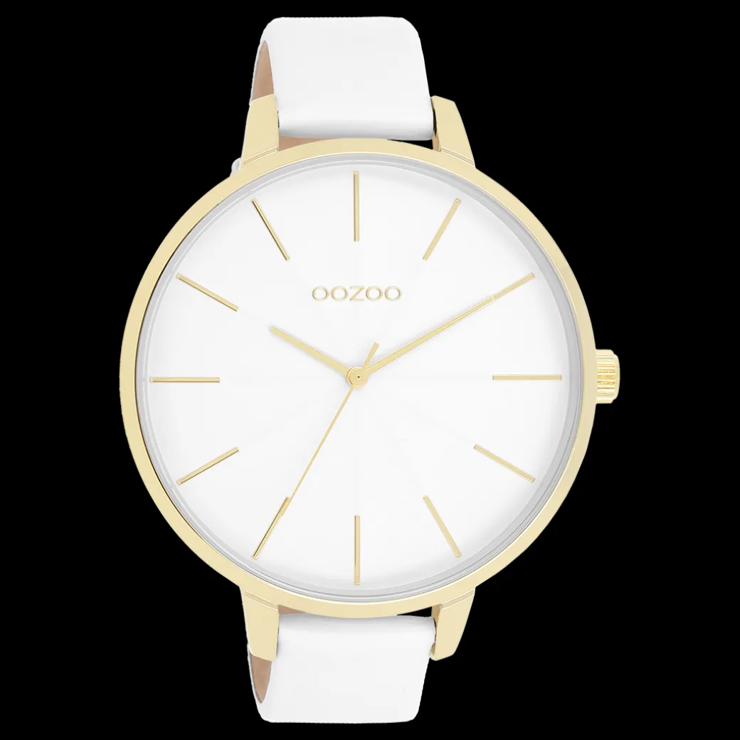 Goudkleurige OOZOO horloge met witte leren band - C11346