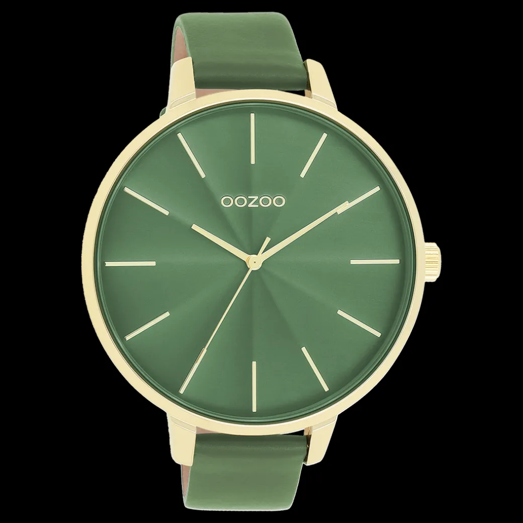 Goudkleurige OOZOO horloge met groene leren band - C11349