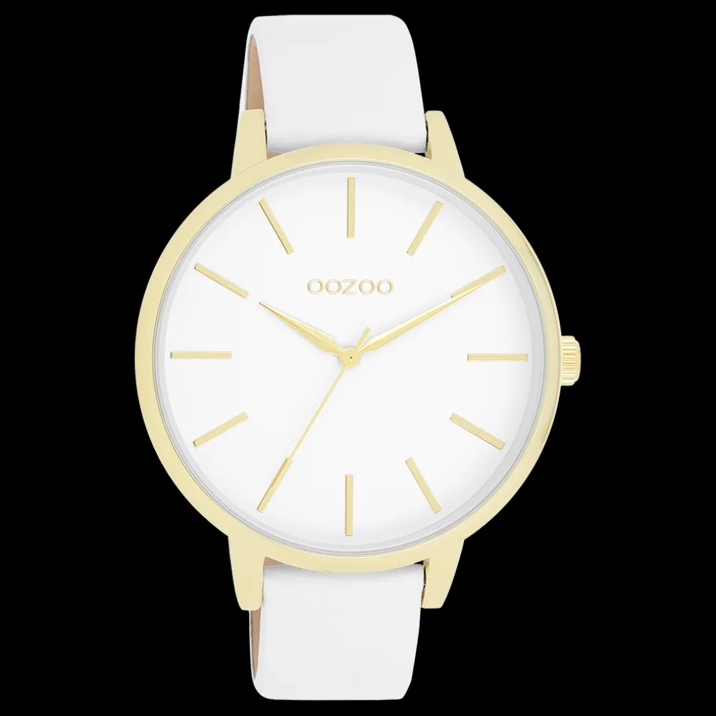 Goudkleurige OOZOO horloge met witte leren band - C11359