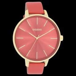 Goudkleurige OOZOO horloge met rode leren band - C11255