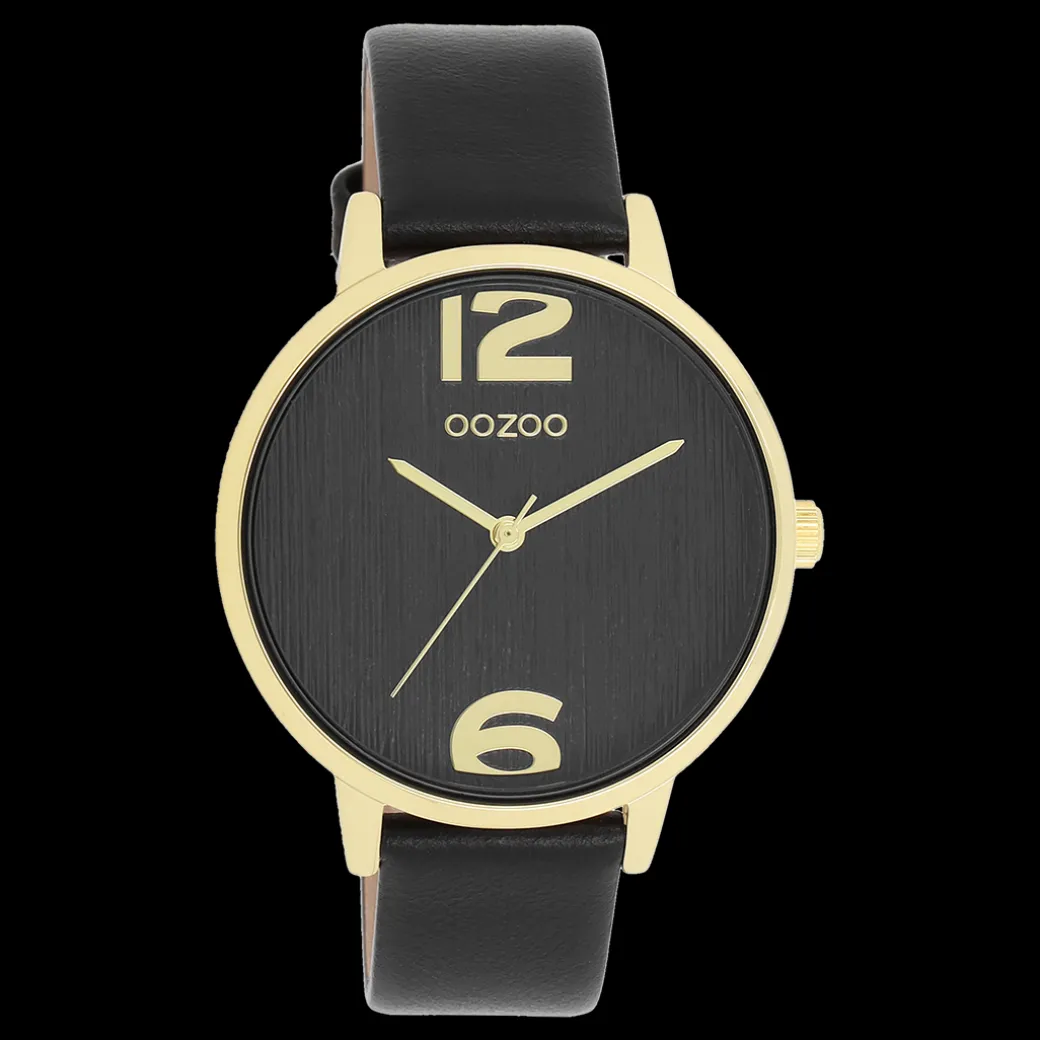 Goudkleurige OOZOO horloge met zwarte leren band - C11239