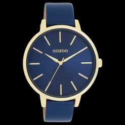 Goudkleurige OOZOO horloge met donker blauwe leren band - C11292