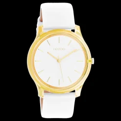 Goudkleurige OOZOO horloge met witte leren band - C11136