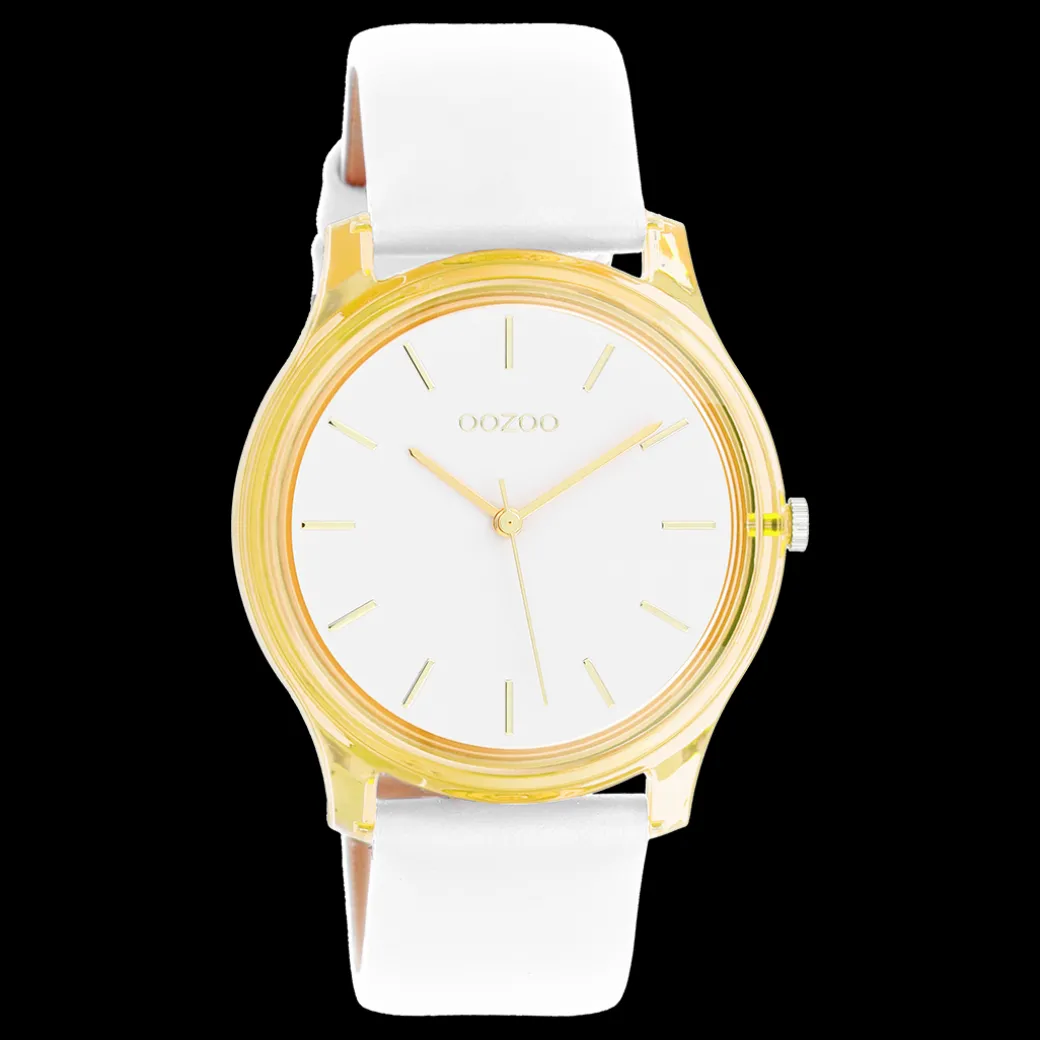Goudkleurige OOZOO horloge met witte leren band - C11136