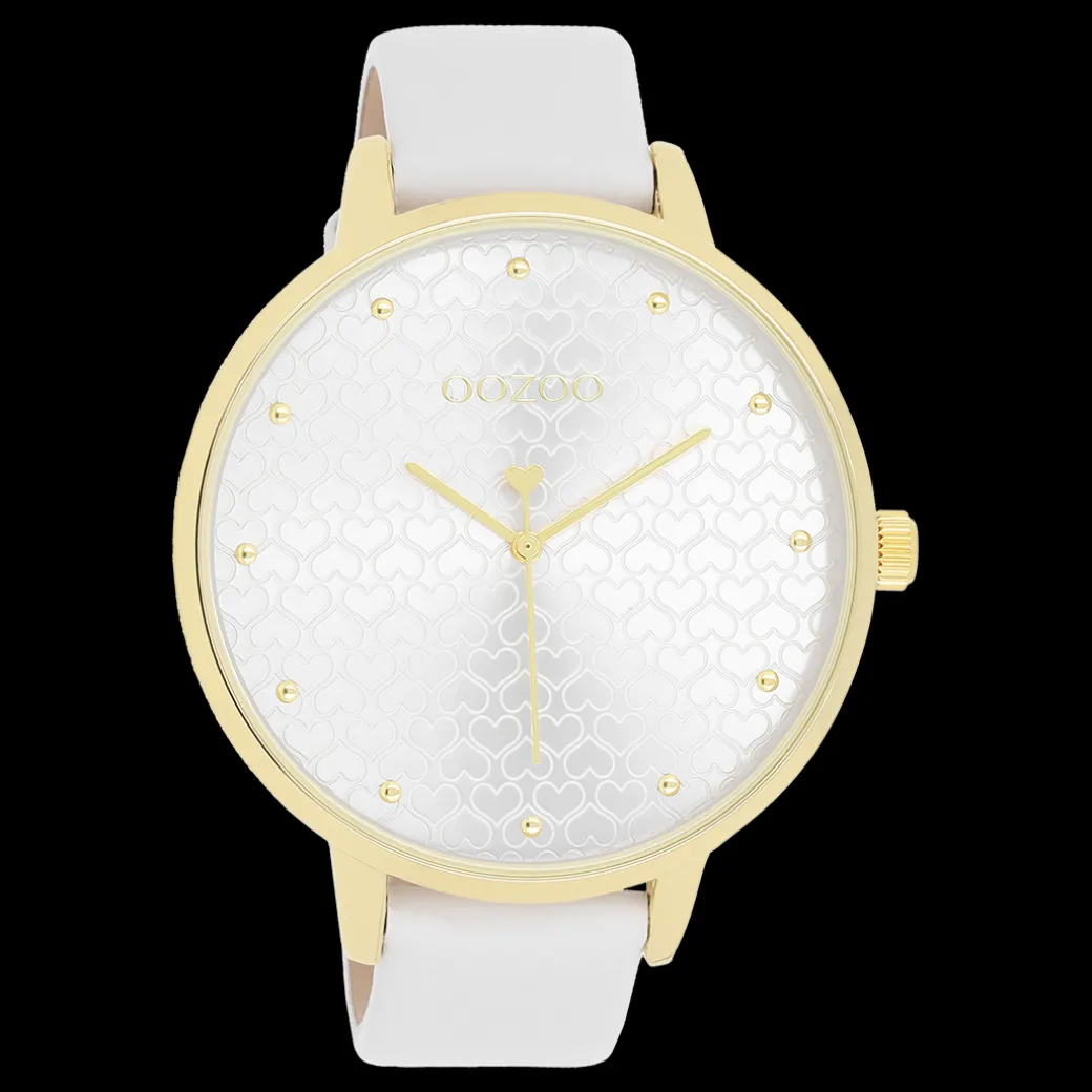 Goudkleurige OOZOO horloge met witte leren band - C11158