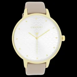 Goudkleurige OOZOO horloge met taupe leren band - C11037