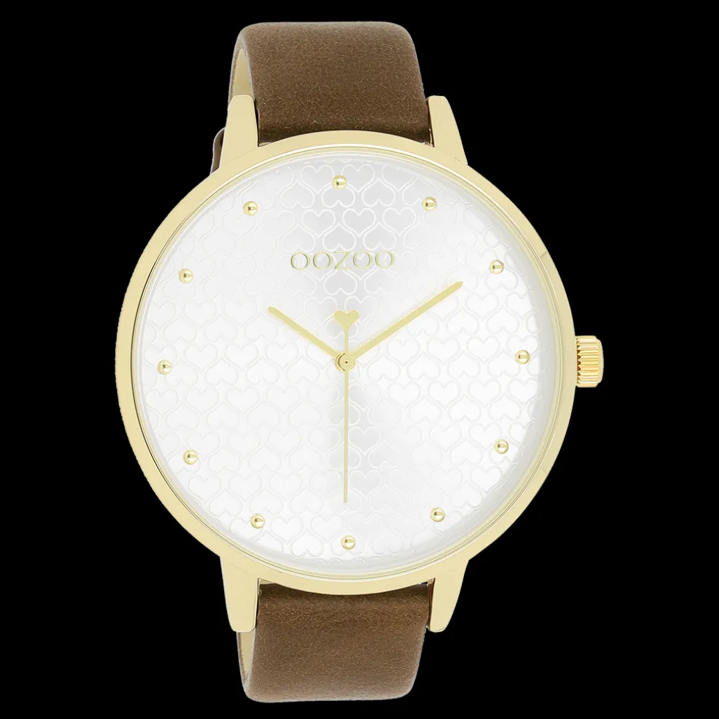 Goudkleurige OOZOO horloge met bruine leren band - C11038