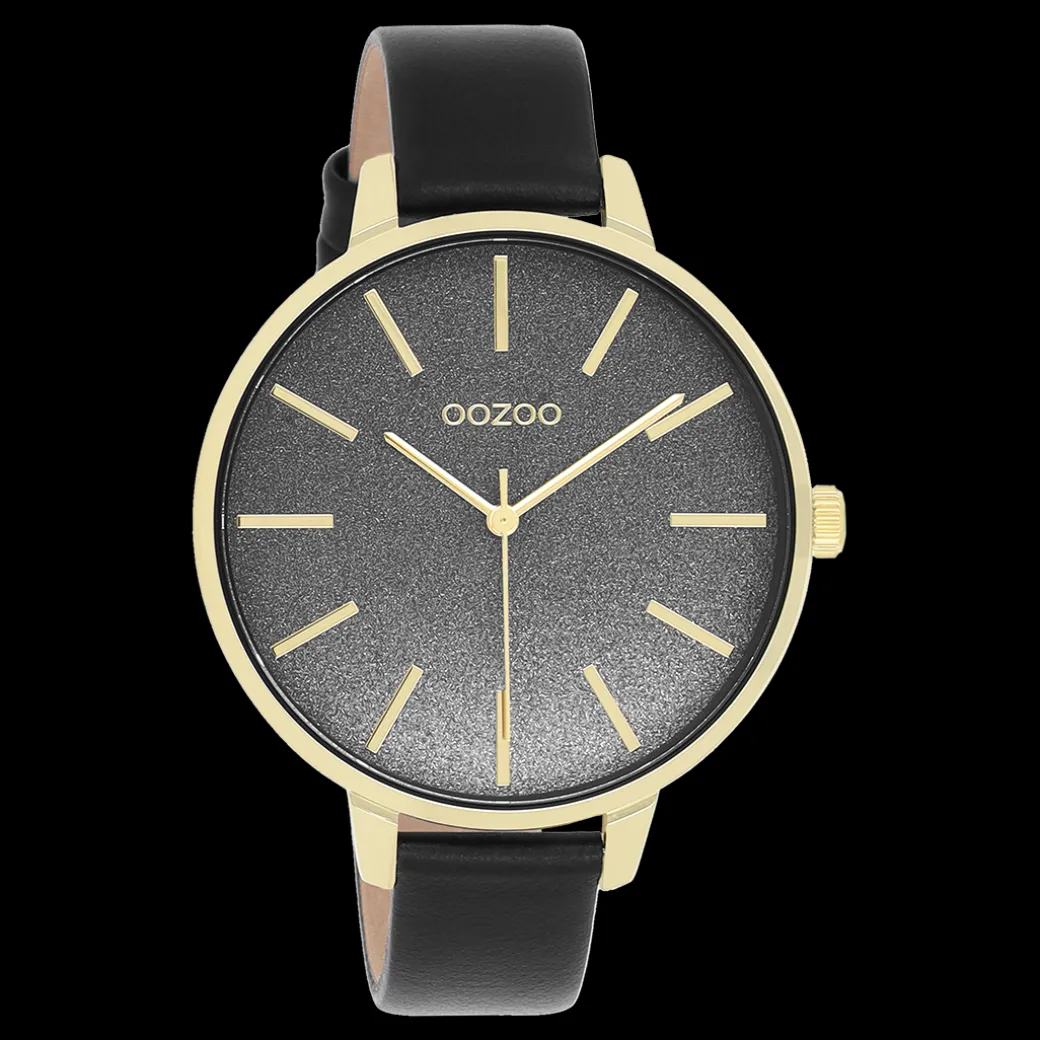 Goudkleurige OOZOO horloge met zwarte leren band - C11034