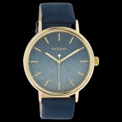 Goudkleurige OOZOO horloge met blauwe leren band - C10938
