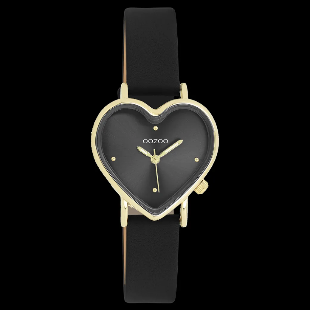 Goudkleurige OOZOO horloge met zwarte leren band - C11452