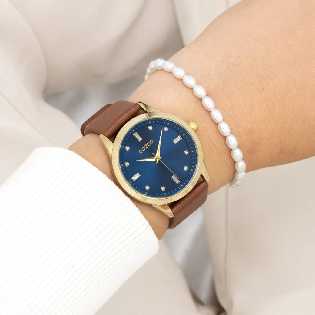Goudkleurige OOZOO horloge met bruine leren band - C11438