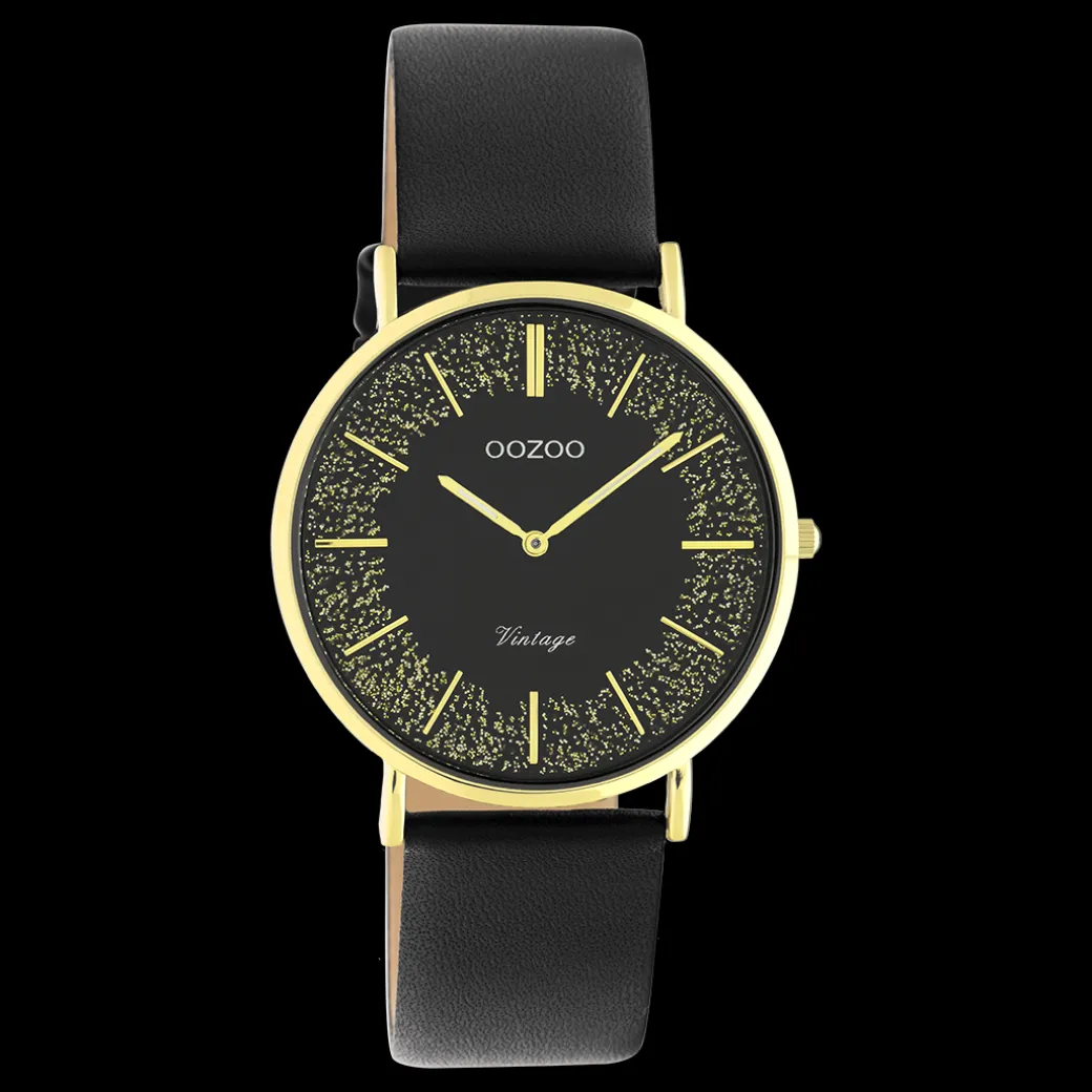 Goudkleurige OOZOO horloge met zwarte leren band - C20186