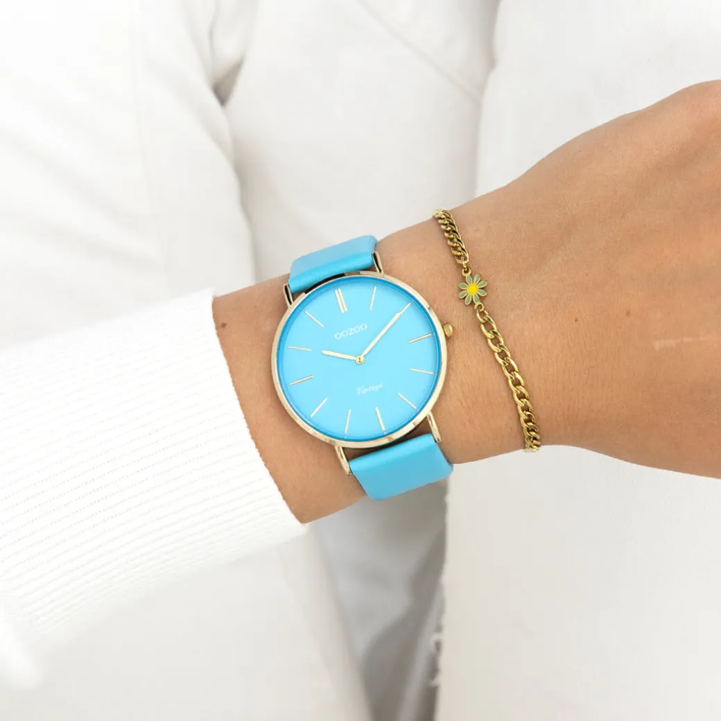 Goudkleurige OOZOO horloge met felblauwe leren band - C20323