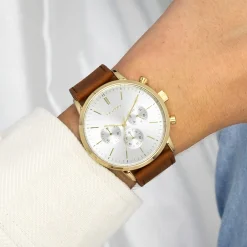 Goudkleurige OOZOO horloge met bruine leren band - C11201
