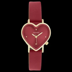 Goudkleurige OOZOO horloge met bordeaux rode leren band - C11454