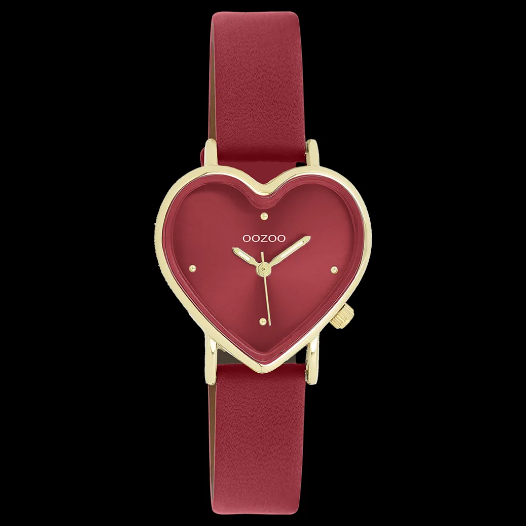 Goudkleurige OOZOO horloge met bordeaux rode leren band - C11454