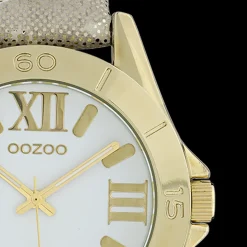 Goudkleurige OOZOO horloge met zilverkleurig/witte leren band - C9781