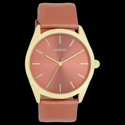 Goudkleurige OOZOO horloge met baksteen rode leren band - C11334