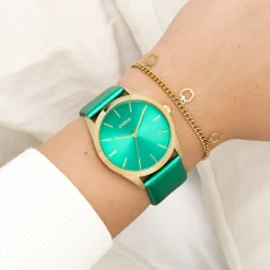 Goudkleurige OOZOO horloge met aqua groene leren band - C11339