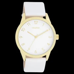 Goudkleurige OOZOO horloge met witte leren band - C11325