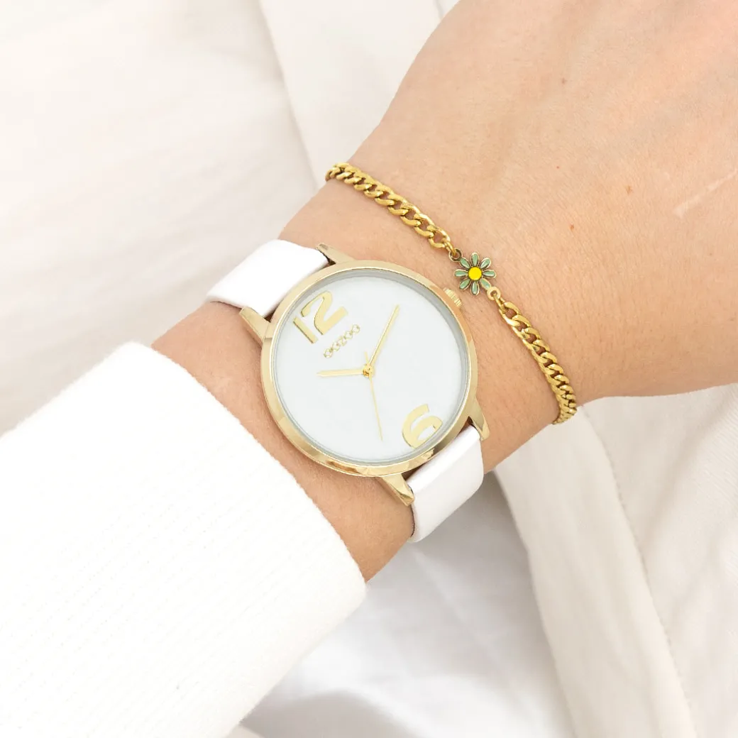 Goudkleurige OOZOO horloge met witte leren band - C11340