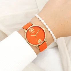 Goudkleurige OOZOO horloge met warm oranje leren band - C11341