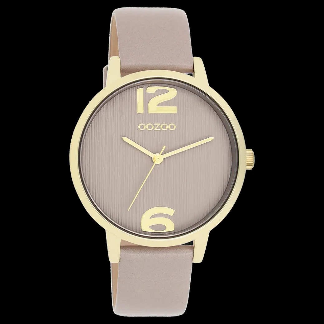 Goudkleurige OOZOO horloge met taupe leren band - C11342