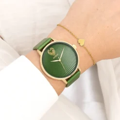 Goudkleurige OOZOO horloge met groene leren band - C11344
